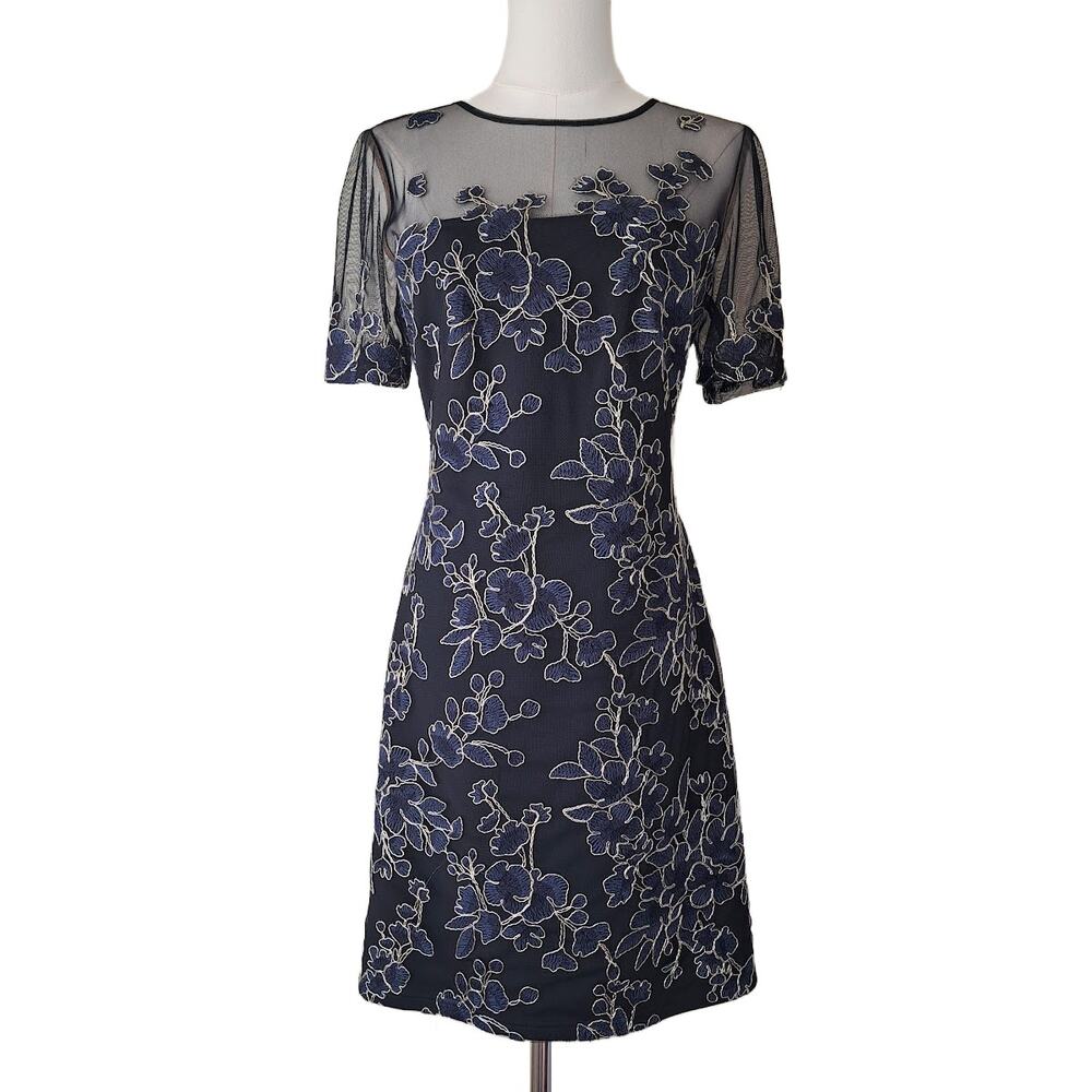 TADASHI SHOJI Cardea Embroidered Floral Tulle Cocktail Dress Size 6 Navy Gold - Picture 2 of 14